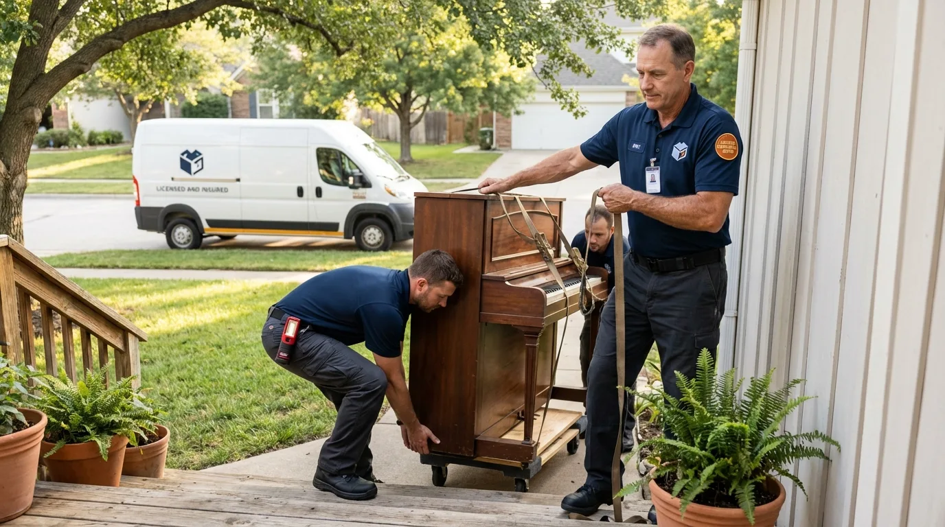 Licensed piano movers securing grand piano in Loretto, TN