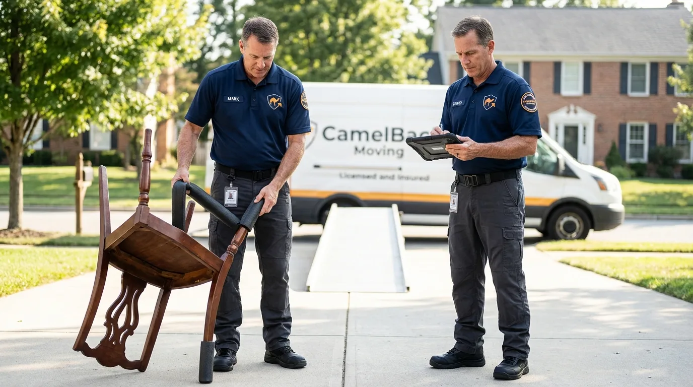 Movers inspecting furniture for damage prevention before loading in Loretto, TN