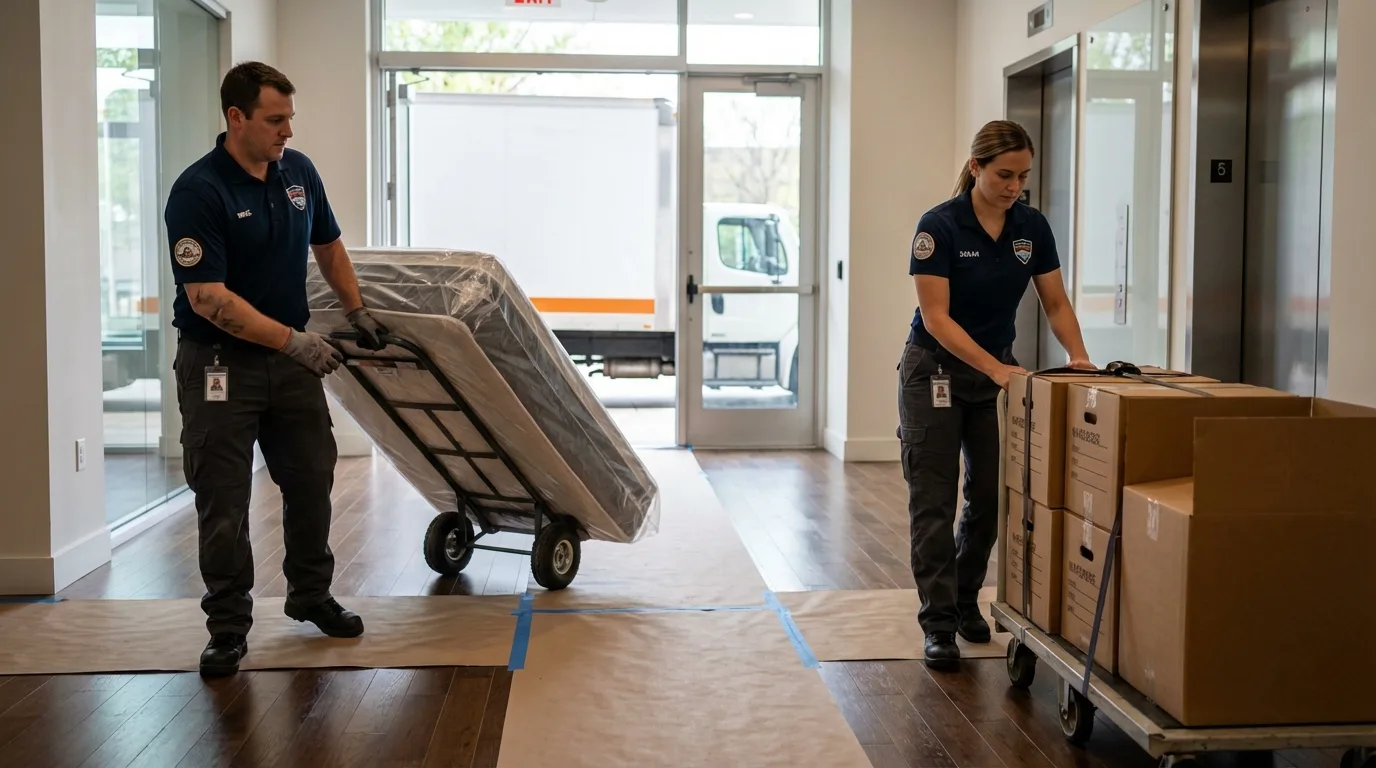 Professional apartment movers loading elevator in Loretto, TN